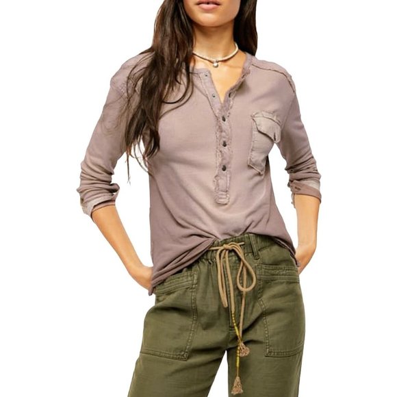 Free People Gene Henley REISHI Purple Snap Button Shirt Size Large - Picture 2 of 5